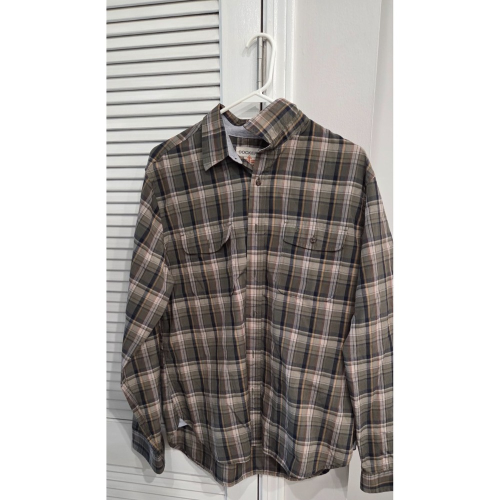 Dockers Mens Long Sleeve Green Plaid Cotton Blend Large Shirt